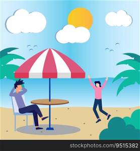 Flat style vector illustration, summer time vacation concept. Men women sit and relax on a tropical beach enjoying the beauty.
