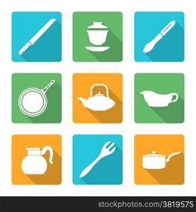 flat style white dinnerware icons set. vector various flat design white dinnerware tableware utensil icons with shadows