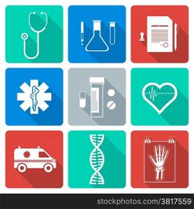 flat style white silhouette medical icons set. vector various flat design white silhouette medical icons with shadow