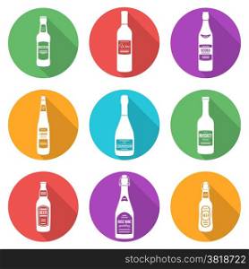 flat style white silhouettes alcohol bottles icons set. vector flat style white silhouettes alcohol bottles icons set with shadows