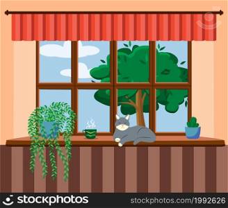 Flat style window with flowers, cat, pillows, curtains. View from the window, City and skyscraper, forest, trees, nature. Cozy home day. Flat style window with flowers, cat, pillows, curtains. View from the window, City and skyscraper, forest, trees, nature.