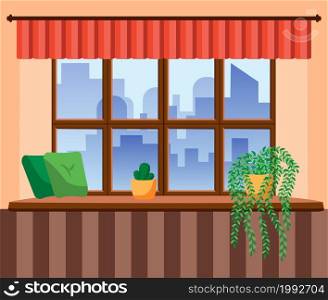 Flat style window with flowers, cat, pillows, curtains. View from the window, City and skyscraper, forest, trees, nature. Cozy home day. Flat style window with flowers, cat, pillows, curtains. View from the window, City and skyscraper, forest, trees, nature.