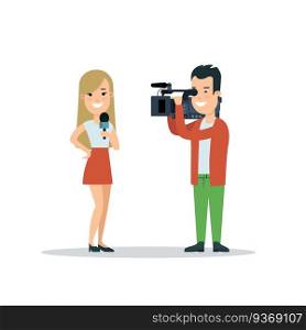 Flat style woman journalist correspondent vector illustration. Female with microphone, operator removes camcorder video. TV station television media press hot news
