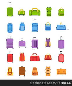 Flat suitcases. Luggage and handle bags, backpacks, leather case, travel suitcase and bag for trip, tourism and vacation isolated vector set. Packed colorful baggage for traveling or holiday. Flat suitcases. Luggage and handle bags, backpacks, leather case, travel suitcase and bag for trip, tourism and vacation isolated vector set