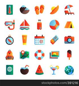 Flat summer icons. Vacation tour, beach umbrella in sand. Sea ship, sunrise and hot sun icon. Tourism travel or voyage holiday symbols. Vector illustration isolated sign set. Flat summer icons. Vacation tour, beach umbrella in sand. Sea ship, sunrise and hot sun icon vector illustration set