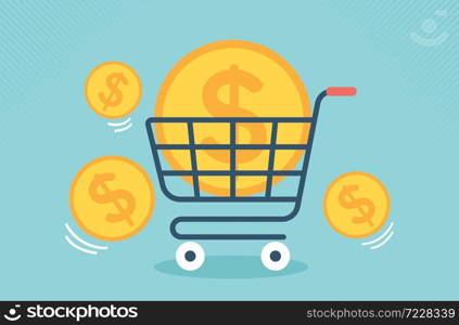 Flat supermarket cart icon with big golden coin money. Vector illustration design.