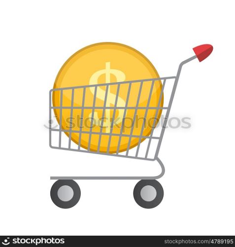 Flat Supermarket Cart Icon with Golden Coin Money Vector Illustration EPS10. Flat Supermarket Cart Icon with Golden Coin Money Vector Illustr