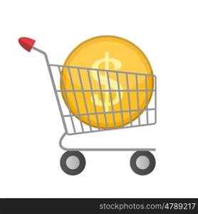 Flat Supermarket Cart Icon with Golden Coin Money Vector Illustration EPS10. Flat Supermarket Cart Icon with Golden Coin Money Vector Illustr