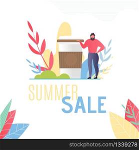 Flat Template for Summer Sales Offer Advertising. Cartoon Bearded Man Character Standing near Huge Coffee Cup. Vector Illustration with Plants Leaves. Promotion Poster for Catering Services. Flat Template for Summer Sales Offer Advertising