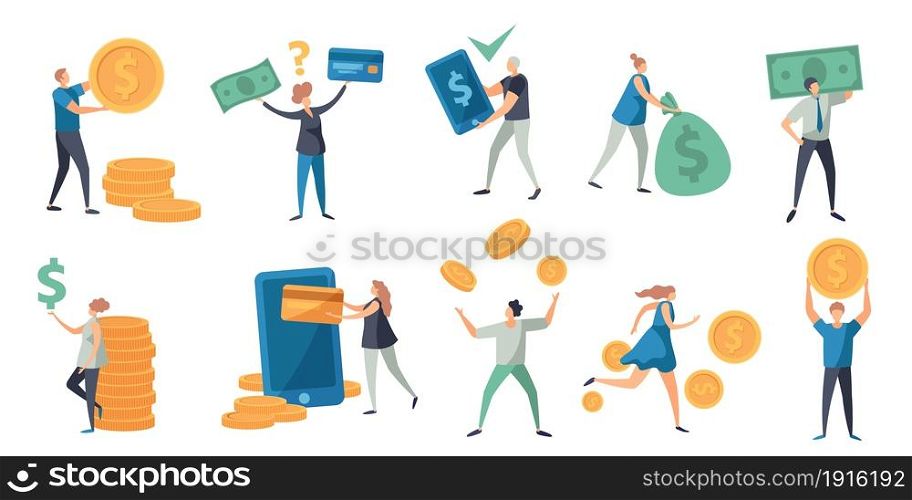 Flat tiny characters paying with money, card and phone. People holding cash, bill and coins. Refund, exchange and payment vector concept set. Financial concept, investing earning or income. Flat tiny characters paying with money, card and phone. People holding cash, bill and coins. Refund, exchange and payment vector concept set