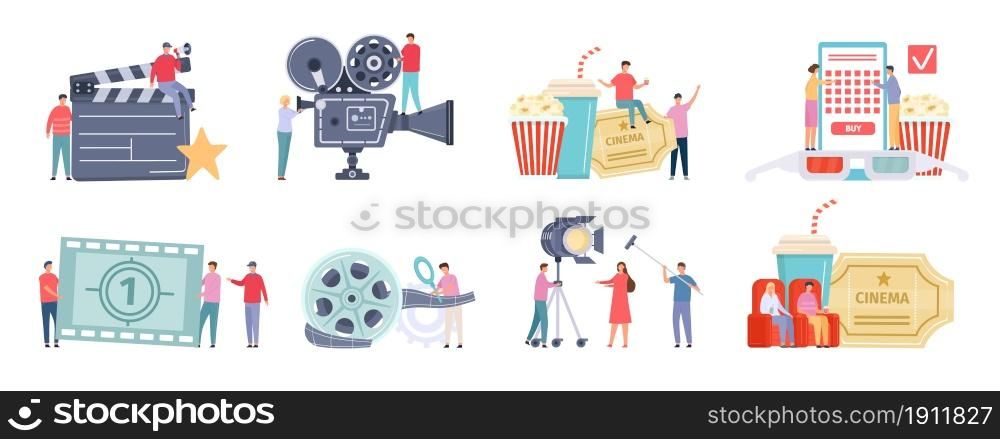 Flat tiny characters recording, making and watching movies. Film director, shooting crew, people at cinema. Movie production team vector set. Man and woman buying tickets online, sitting in armchairs. Flat tiny characters recording, making and watching movies. Film director, shooting crew, people at cinema. Movie production team vector set