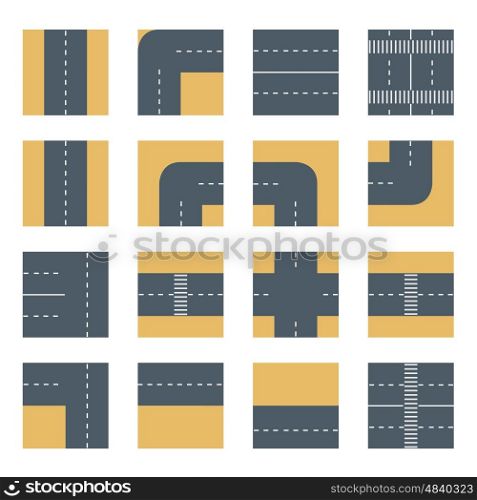 Flat top view Set icons road highway. Concept kit of design elements for modeling urban vector maps and plans. top view Set icons