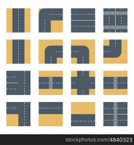 Flat top view Set icons road highway. Concept kit of design elements for modeling urban vector maps and plans. top view Set icons