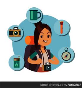 Flat tourist character with tourism accessories. Travel infographic icons. Tourism summer, girl adventure with backpack, hiking and journey. Vector illustration. Flat tourist character with tourism accessories. Travel infographic icons