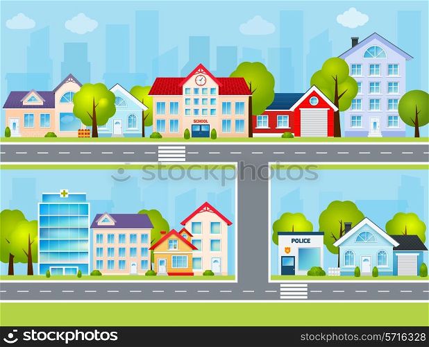 Flat town buildings with private houses school police office vector illustration