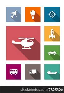 Flat transportation icons set with aircraft, air balloon, compass, helicopter, rocket, car, bus, truck and ship