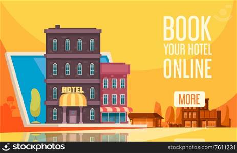Flat travel booking hostel composition with book your hotel online and more button vector Illustration