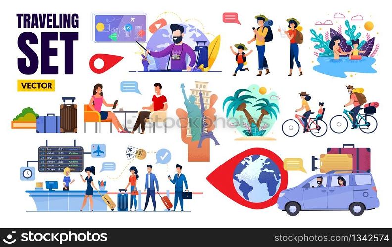 Flat Traveling Set Vector with Happy Tourists. Cartoon People Characters in Airport, Driving Car, Swimming, Cycling Illustration. Attraction in Human Hand. Trip Round World. Tour Agency. Flat Traveling Set Vector with Happy Tourists