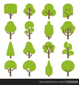 Flat tree. Forest trees, nature hardwood plants with green foliage. Ecology label, environment and botanical concept decorative isolated vector woodland elements. Flat tree. Forest trees, nature hardwood plants with green foliage. Ecology label, environment and botanical concept decorative vector elements