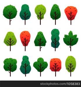 Flat trees set. Garden tree trunk, bush and pine. Nature green landscape, oak symbols for game ui. Plant environment tree silhouette vector isolated illustration icons. Flat trees set. Garden tree trunk, bush and pine. Nature green landscape vector isolated illustration