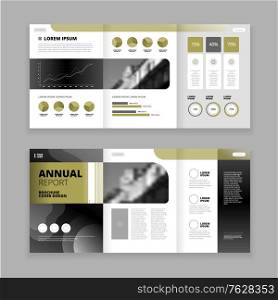 Flat trifold brochure design template for annual report with diagrams graphs text field isolated vector illustration