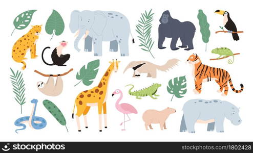 Flat tropical animals from african savannah and jungle forest. Cartoon tiger, monkey, flamingo, elephant and sloth. Safari animal vector set. Illustration of jungle wild animal collection. Flat tropical animals from african savannah and jungle forest. Cartoon tiger, monkey, flamingo, elephant and sloth. Safari animal vector set