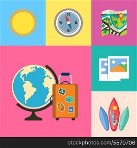 Flat vacation holidays and travel icons set of globe suitcase compass and map vector illustration