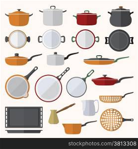 flat various tableware set. vector flat color design kitchen utensils set