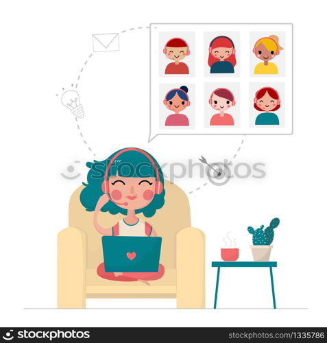 flat vector a young woman meeting with friends and working on laptop at home, stay at home, work from home concept