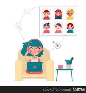 flat vector a young woman meeting with friends and working on laptop at home, stay at home, work from home concept