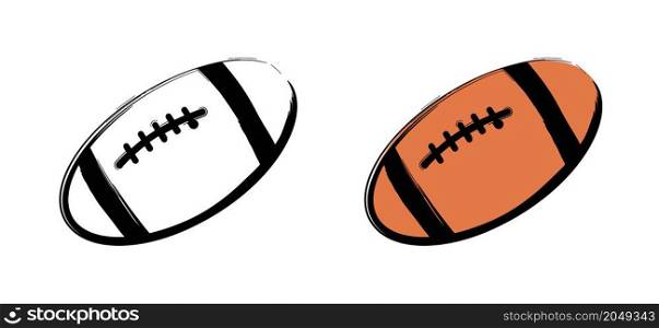 Flat vector black grunge rugby ball. American football, cartoon drawing rugby ball icon. Sport team sport game cup. For school or work team sports. Ball pictogram or logo.