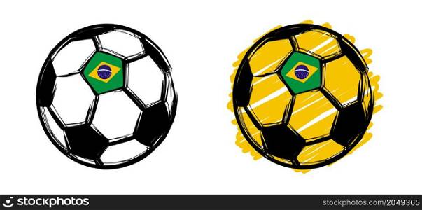 Flat vector black grunge soccer ball with hte flag of Brazil, Brazilian. Grungy football. Cartoon sport EK, WK pictogram Sports game cup.