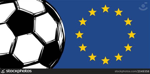 Flat vector black grunge soccer ball with the Europe flag. Grungy football. Cartoon euro sport EK, WK 2020, 2021, pictogram Sports game cup.