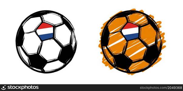 Flat vector black grunge soccer ball with the flag of the Netherlands. Grungy football. Cartoon sport EK, WK pictogram Sports game cup. Holland 2020, 2021
