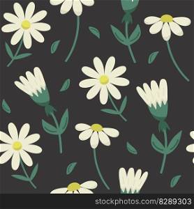 Flat vector botanical seamless pattern with white flowers on dark background. Spring background with blossom wild flowers for Fabric, Wallpaper, Posters, Banners. Flat vector botanical seamless pattern with white flowers on dark background. Spring background with blossom wild flowers for Fabric, Wallpaper, Posters, Banners.