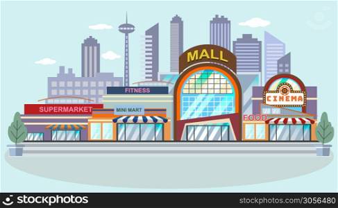 Flat vector building illustration.. Set of colorful cartoon city store. Shopping mall building, Cinema, Supermarket, Minimart, Restaurant, Fitness, city collection. for Infographic elements. illustration.