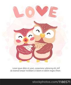 flat vector cute happy couple autumn owl smile, hug with love word, valentine