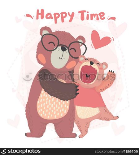 flat vector cute happy daddy and son teddy bear smile, hug with happy time, valentine card, cute animal character idea for child and kid printable stuff and t shirt, greeting card, nursery wall