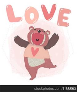 flat vector cute pink teddy bear open mouth smile with love word hand writing, cute animal character idea for child and kid printable stuff and t shirt, greeting card, nursery wall art, postcard