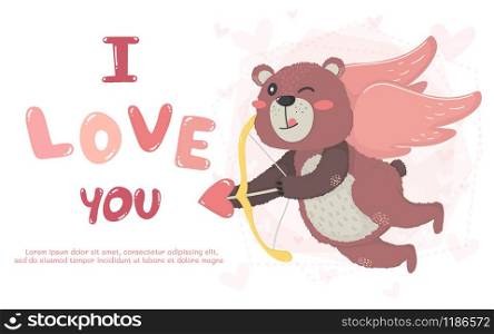 flat vector cute teddy bear cupid with heart bow and arrow, I love you text, idea for valentine card, greeting card and child tee