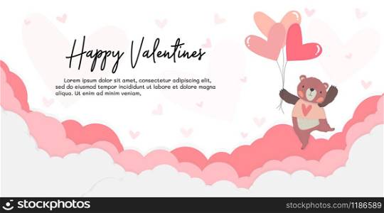 flat vector cute teddy bear hold heart balloons floating on pink cloud with happy valentines, cute animal character idea for social banner, child and kid printable stuff and t shirt, greeting card, nursery wall art, postcard