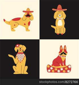 Flat vector geometric poster with mexican dogs in hats with mustaches