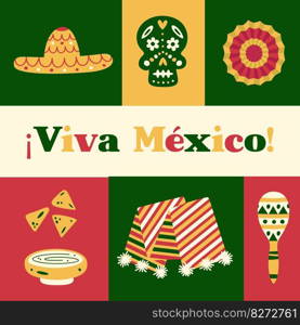 Flat vector geometric poster with traditional mexican elements. Viva Mexico. Illustrations of maracas, paper fan, nachos, table runner, floral skull, sombrero