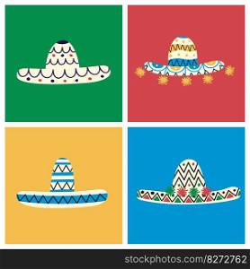 Flat vector geometric poster with traditional mexican sombrero hats