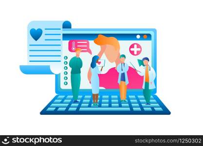 Flat Vector Group Doctor Discuss Patient Treatment. Illustration Man Turned for Help to Doctor Online. Man and Woman Medical Professional Standing on Laptop are Discussing Symptom Patient Illness.