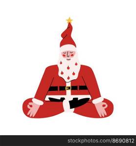 Flat vector hand drawn Santa Claus meditating. Lotus yoga pose isolated on white background