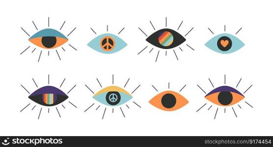 Flat vector hippy boho illustration. Hand drawn retro groovy all seeing eye. Clipart elements isolated on white background