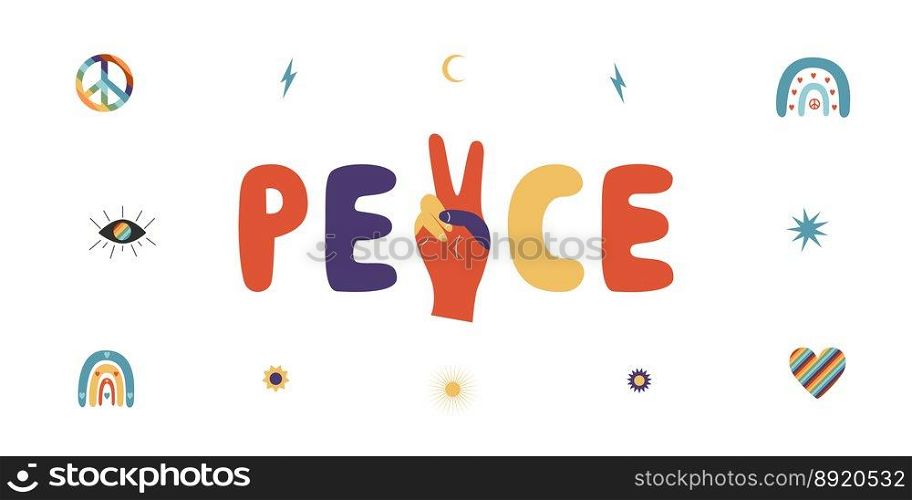 Flat vector hippy boho illustration. Hand drawn retro groovy elements and peace lettering. Clipart elements isolated on white background