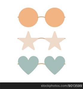 Flat vector hippy boho round, heart, star shaped sunglasses illustration. Hand drawn retro groovy elements. Clipart elements isolated on white background