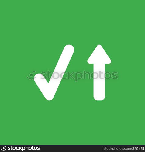 Flat vector icon concept of check mark with arrow moving up on green background.